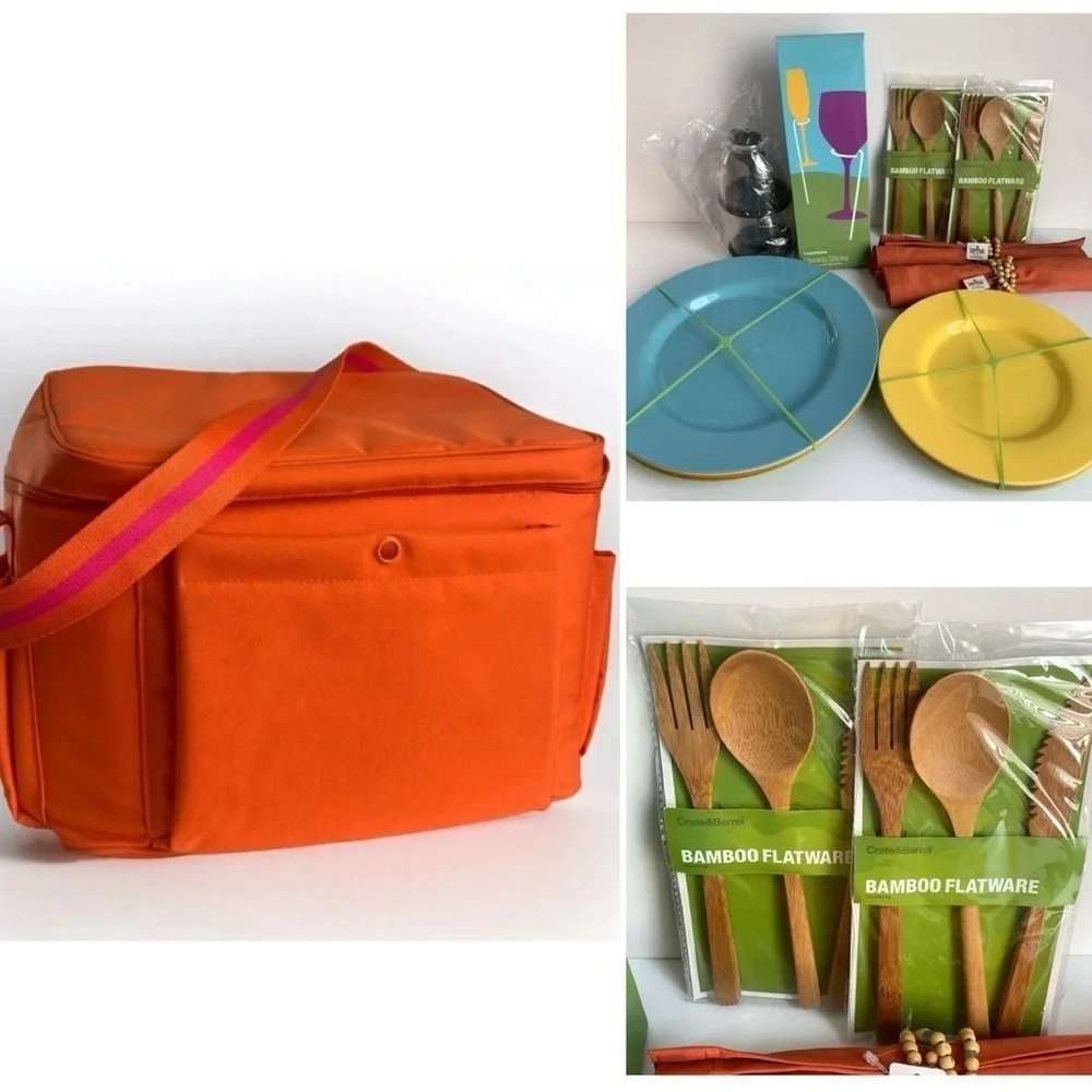 Crate & Barrel Insulated Cooler + Picnic Set + utensils Plates Fabric Napkins